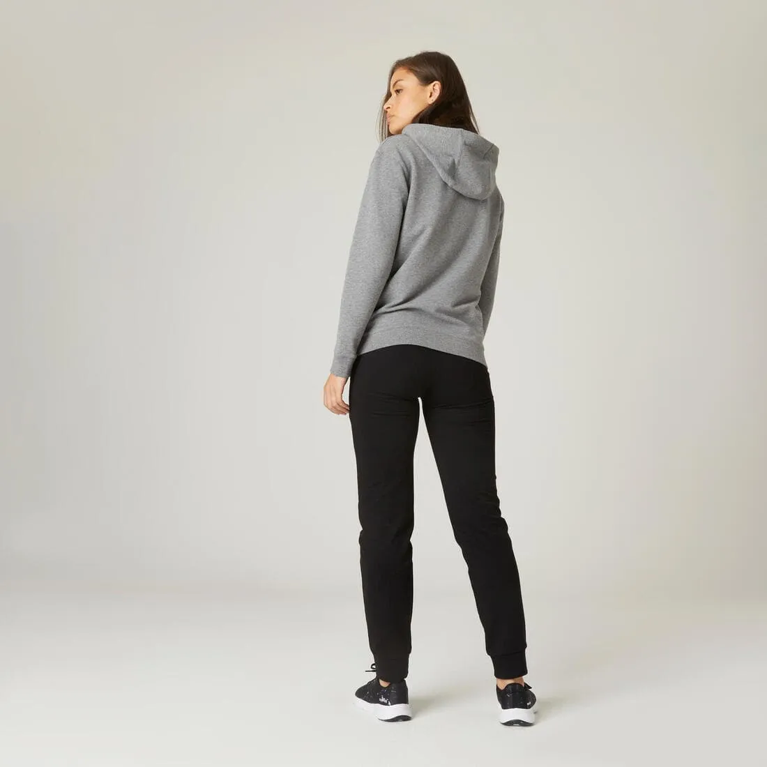Pantalon jogging fitness femme coton coupe droite avec poche - 500 noir