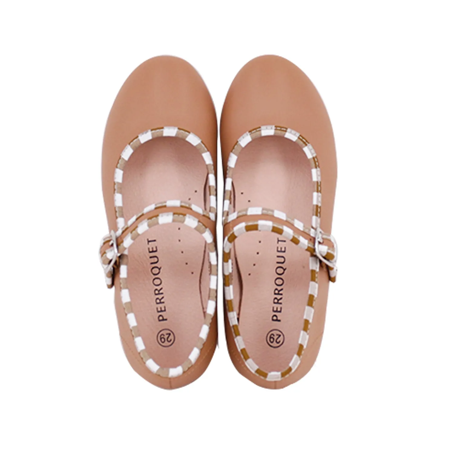 Perroquet Leather Mary Janes with Gingham Trim - Luggage