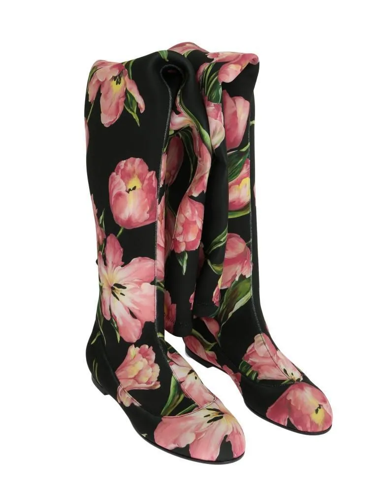 Pink Tulip Print Cutout Socks Boots