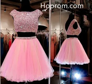 Pink Two Pieces Homecoming Dress, Beadings Chiffon Homecoming Dress