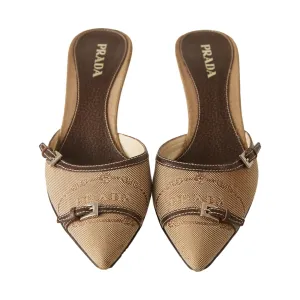 Prada Tan Canvas Logo Kitten Heels