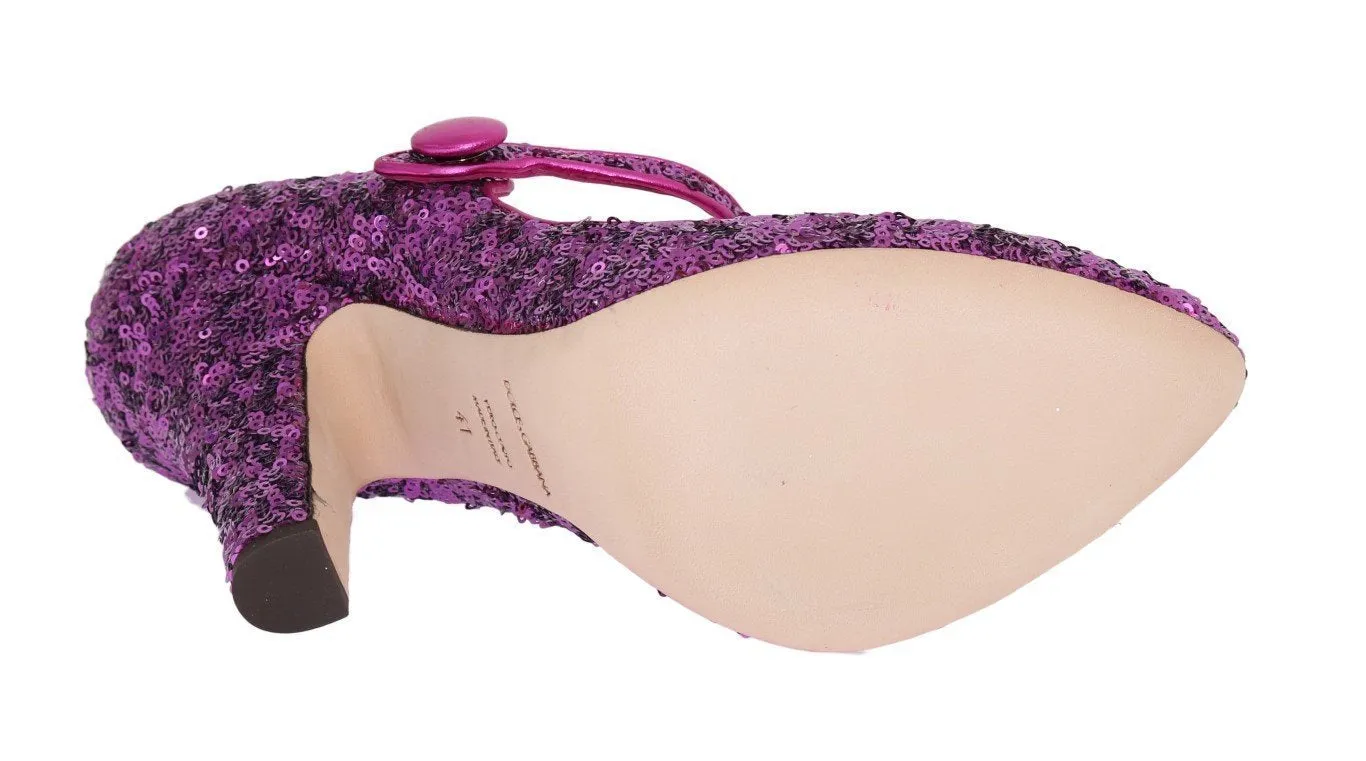 Purple Sequined Mary Janes Leather Shoes