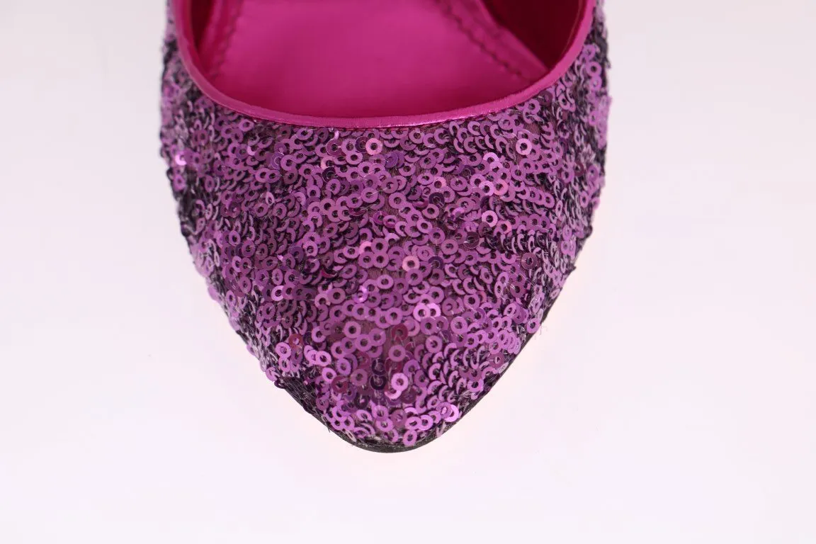 Purple Sequined Mary Janes Leather Shoes