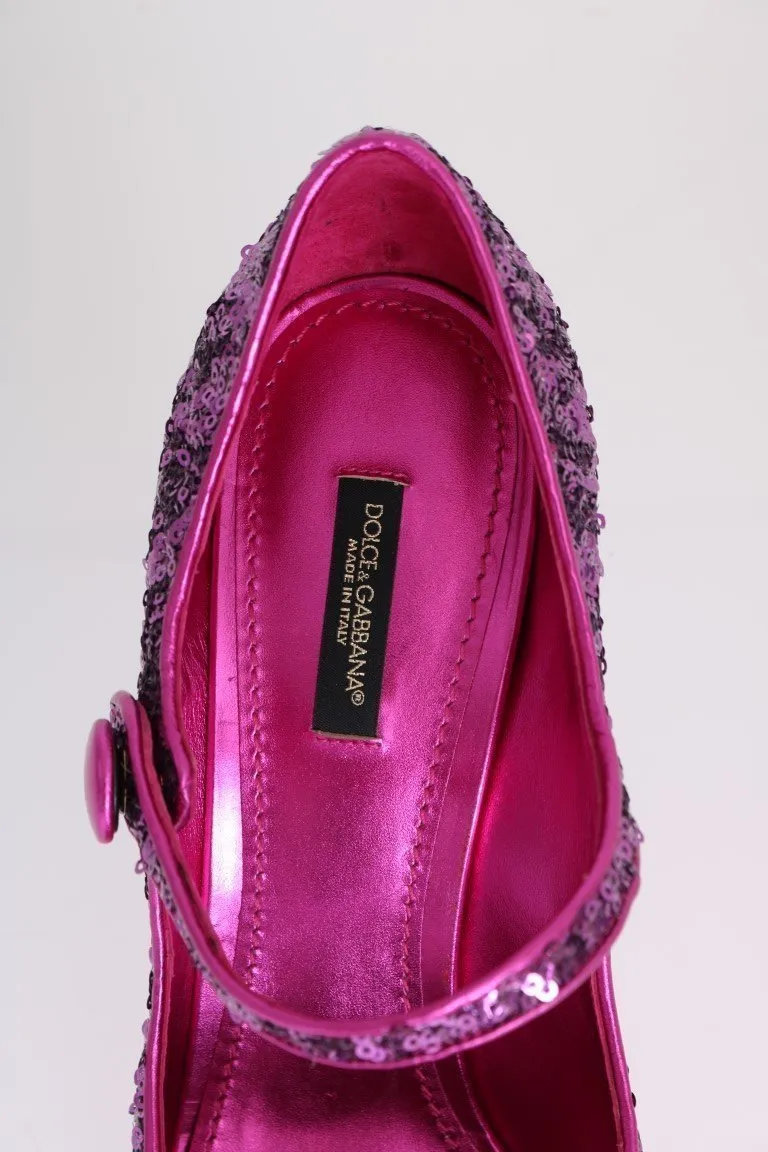 Purple Sequined Mary Janes Leather Shoes