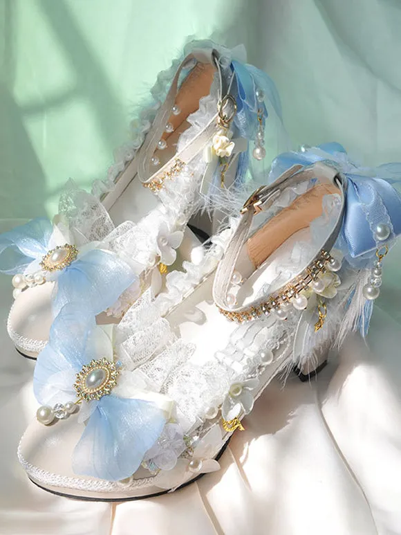 ROCOCO Style Lolita Footwear Ecru White Pearls Ruffles Bow PU Leather Chunky Heel Lolita Pumps