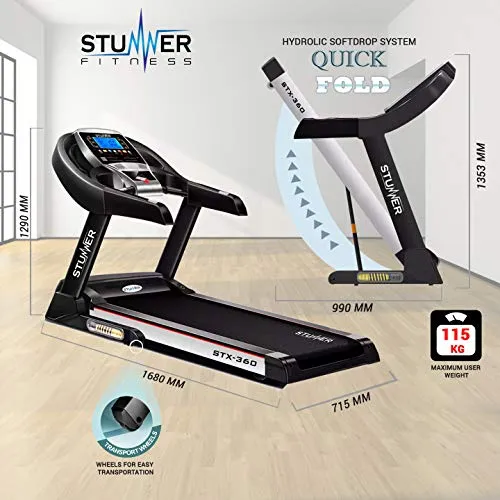 Stunner Fitness STX-360 2.0 HP (4.0 HP Peak) Motorised Treadmill with Auto Inclination & Auto Lubrication System, MP3, Smart Phone App for Cardio Workout at Home (Free Installation Assistance)