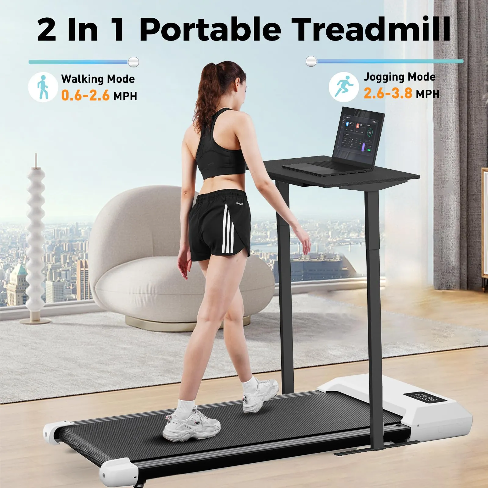 SupeRun Walking Pad, Under Desk Treadmill, 3 in 1 Portable Treadmill with Remote Control LED Display, 2.5 HP Quiet Walking Jogging Machine for Office Home Use, 300 Lbs Capacity (White-45''L, BA03)