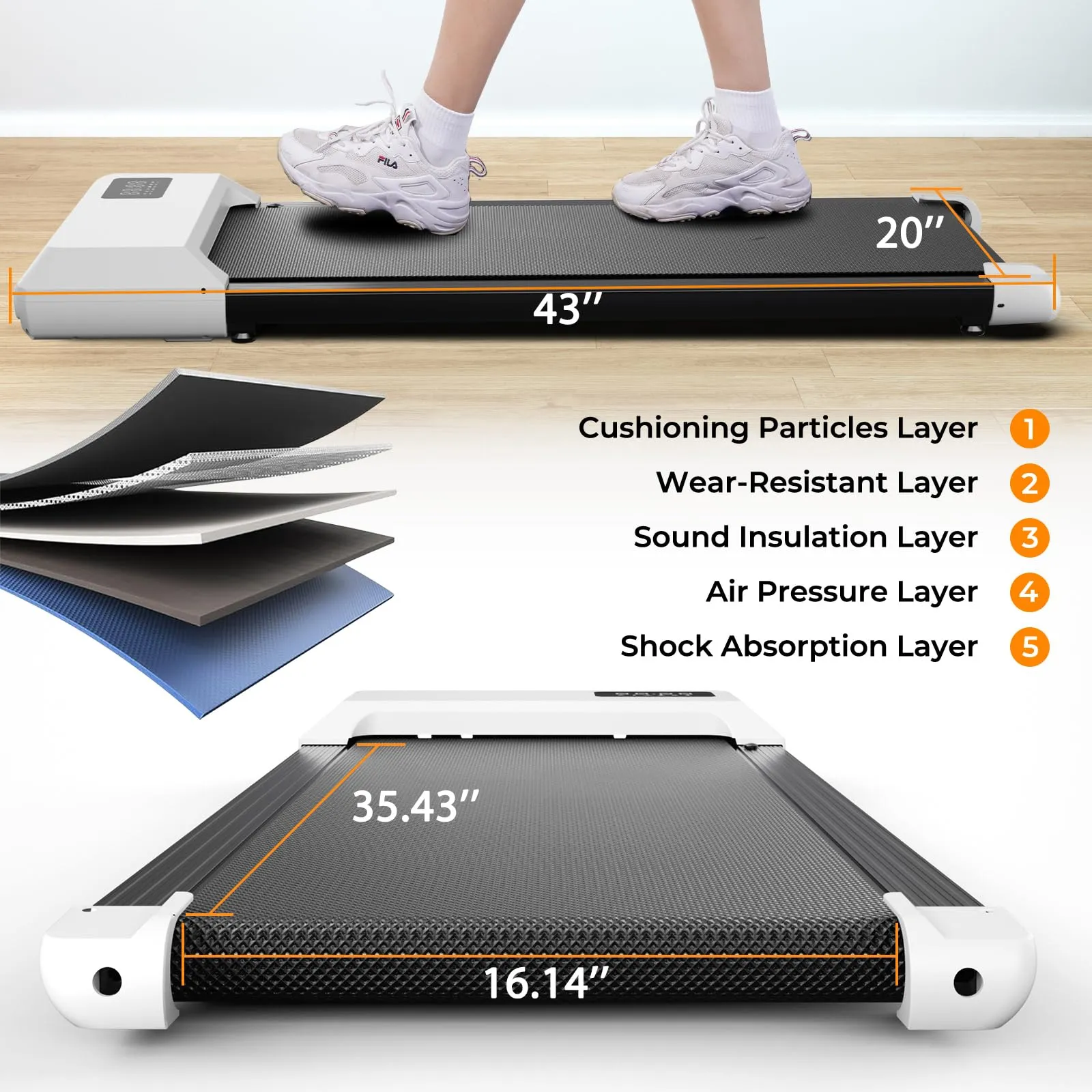 SupeRun Walking Pad, Under Desk Treadmill, 3 in 1 Portable Treadmill with Remote Control LED Display, 2.5 HP Quiet Walking Jogging Machine for Office Home Use, 300 Lbs Capacity (White-45''L, BA03)