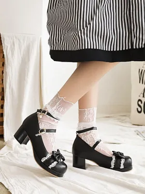 Sweet Lolita Footwear Black Bows Lace Round Toe PU Leather Lolita Pumps