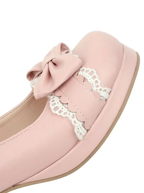 Sweet Lolita Footwear Black Bows Lace Round Toe PU Leather Lolita Pumps