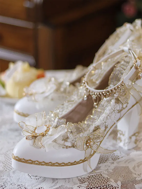 Sweet Lolita Footwear Ecru White Bows Flowers Lace PU Leather Chunky Heel Lolita Pumps