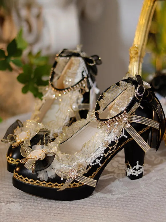 Sweet Lolita Footwear Ecru White Bows Flowers Lace PU Leather Chunky Heel Lolita Pumps