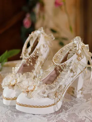 Sweet Lolita Footwear Ecru White Bows Flowers Lace PU Leather Chunky Heel Lolita Pumps
