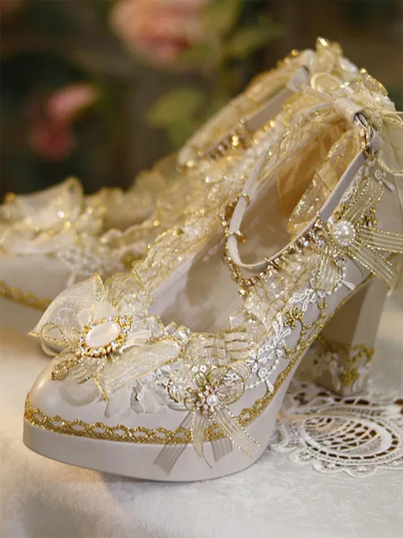 Sweet Lolita Footwear Ecru White Bows Flowers Lace PU Leather Chunky Heel Lolita Pumps