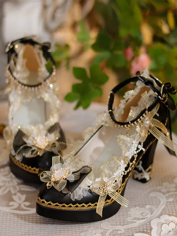 Sweet Lolita Footwear Ecru White Bows Flowers Lace PU Leather Chunky Heel Lolita Pumps