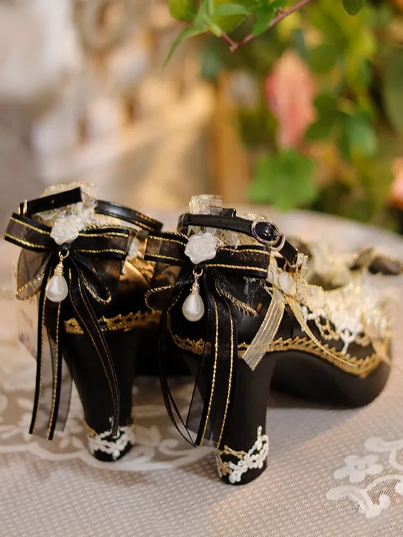 Sweet Lolita Footwear Ecru White Bows Flowers Lace PU Leather Chunky Heel Lolita Pumps