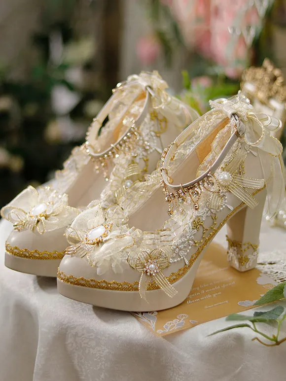 Sweet Lolita Footwear Ecru White Bows Flowers Lace PU Leather Chunky Heel Lolita Pumps
