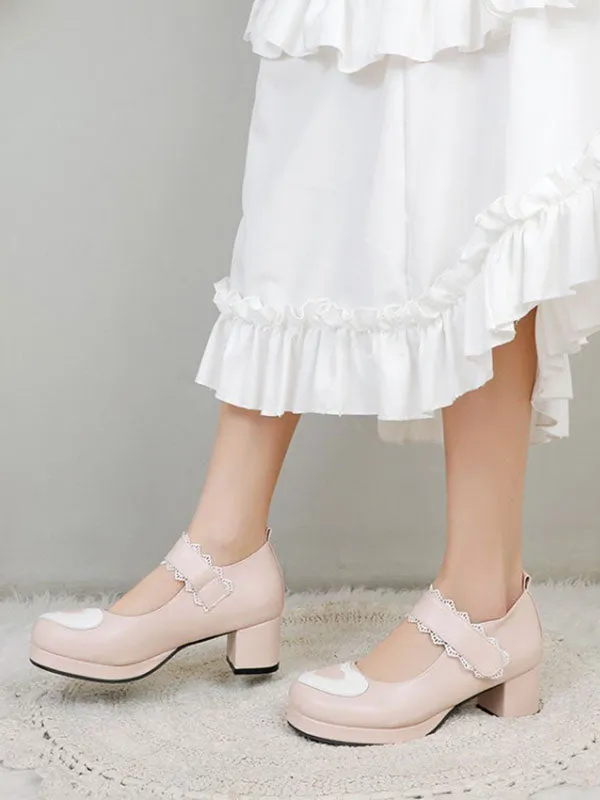Sweet Lolita Footwear White Cascading Ruffles Round Toe PU Leather Lolita Pumps