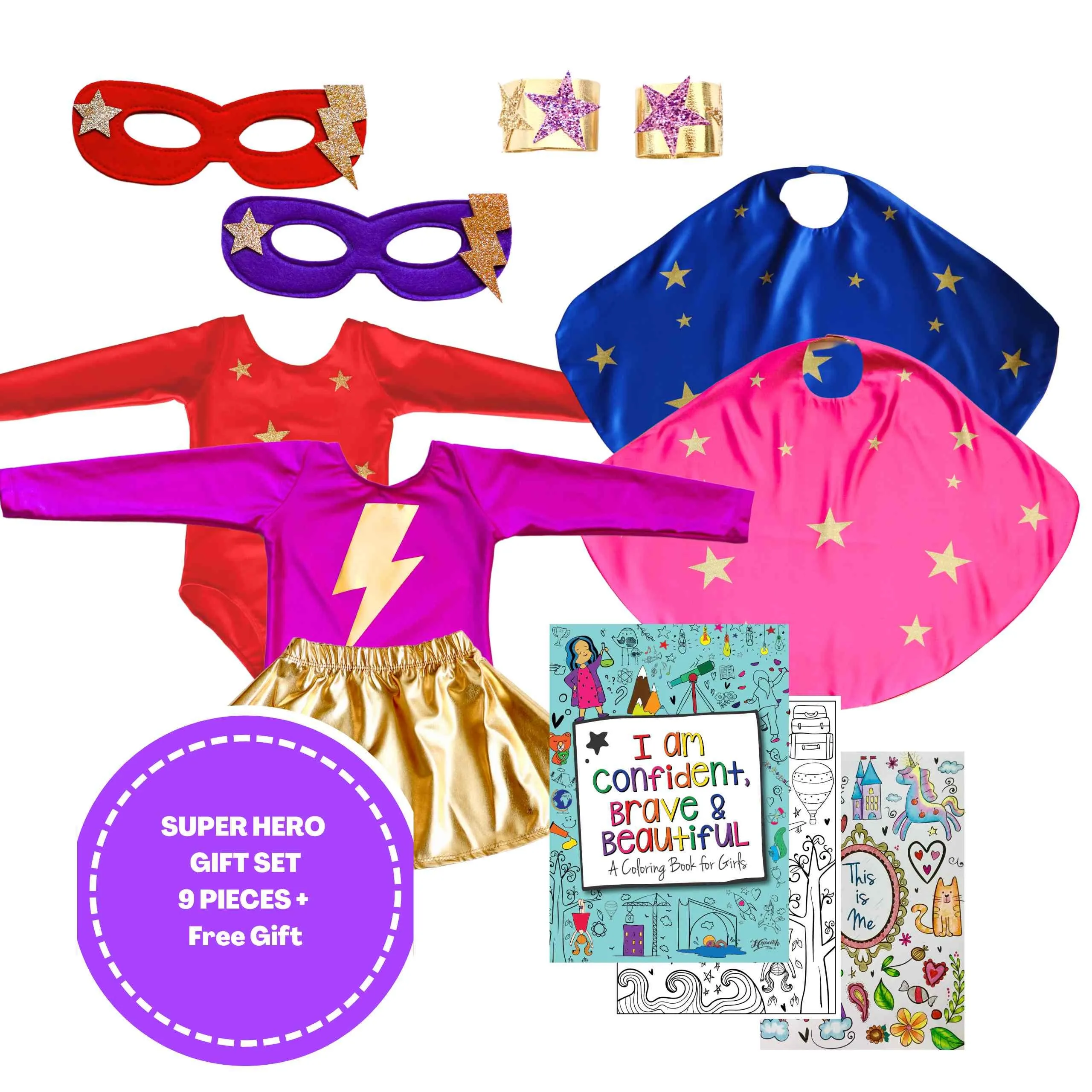Ultimate Superhero Costume Gift Set,  9 Piece Set   Coloring Book, Red Pink