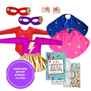 Ultimate Superhero Costume Gift Set,  9 Piece Set   Coloring Book, Red Pink