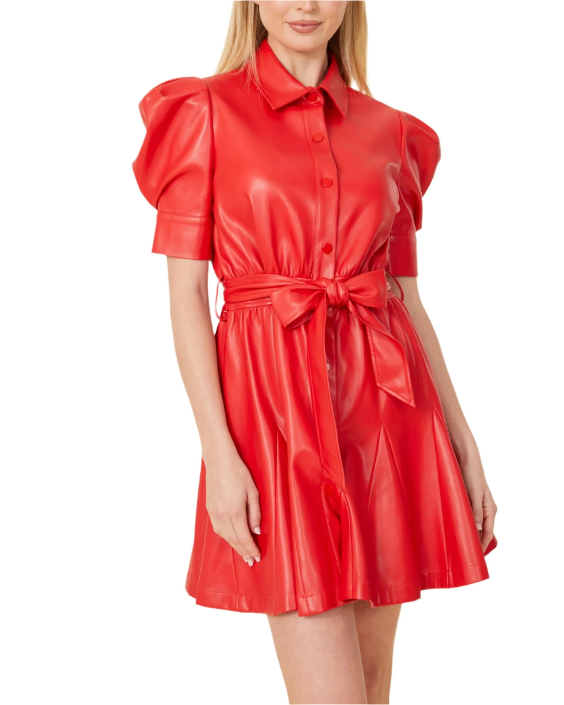 Vegan Leather Puff Sleeve Belted Skate Dress - Red