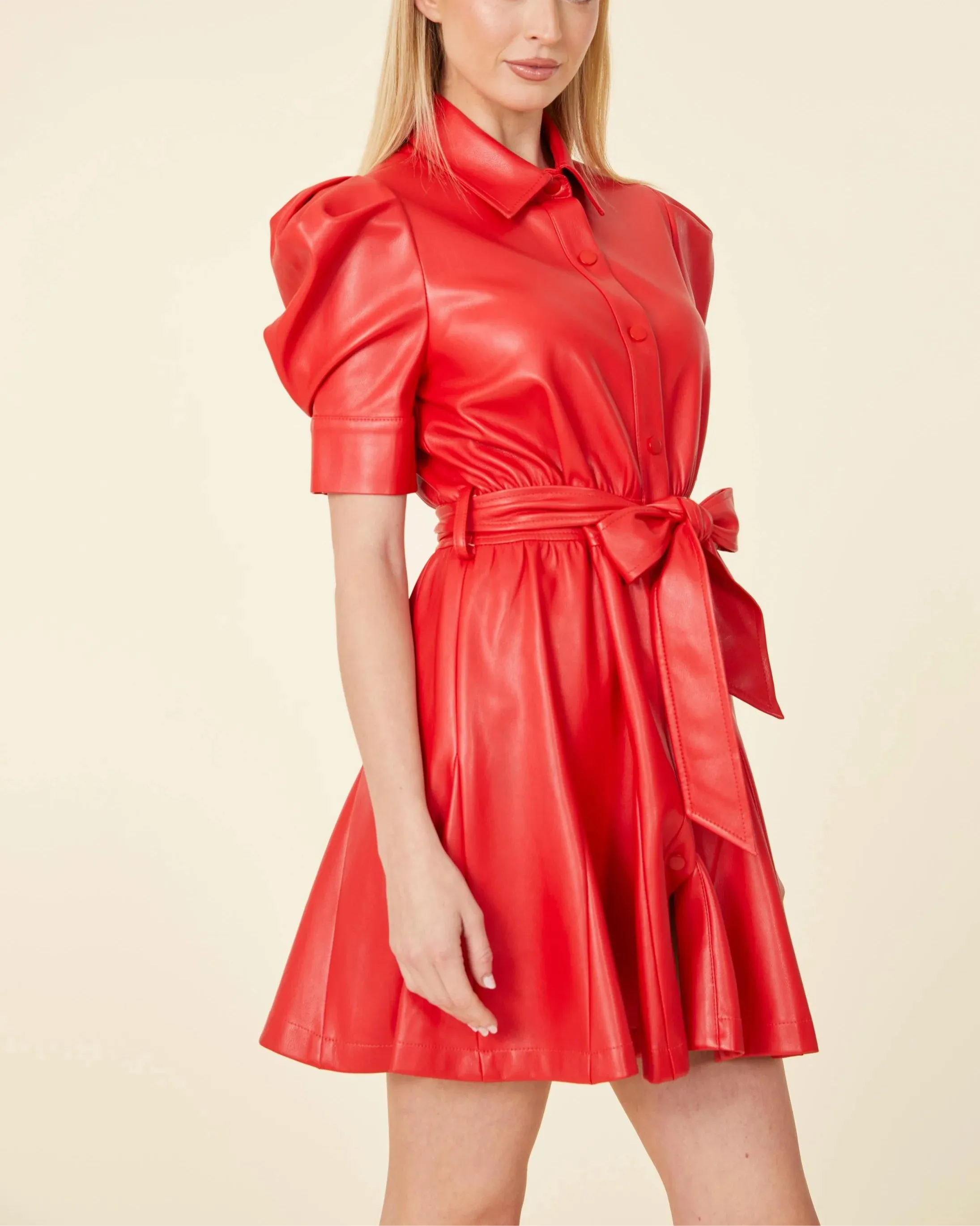 Vegan Leather Puff Sleeve Belted Skate Dress - Red