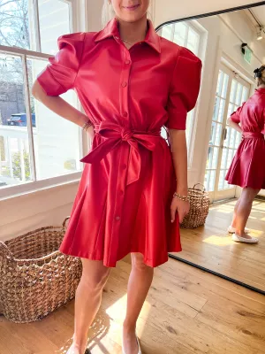 Vegan Leather Puff Sleeve Belted Skate Dress - Red