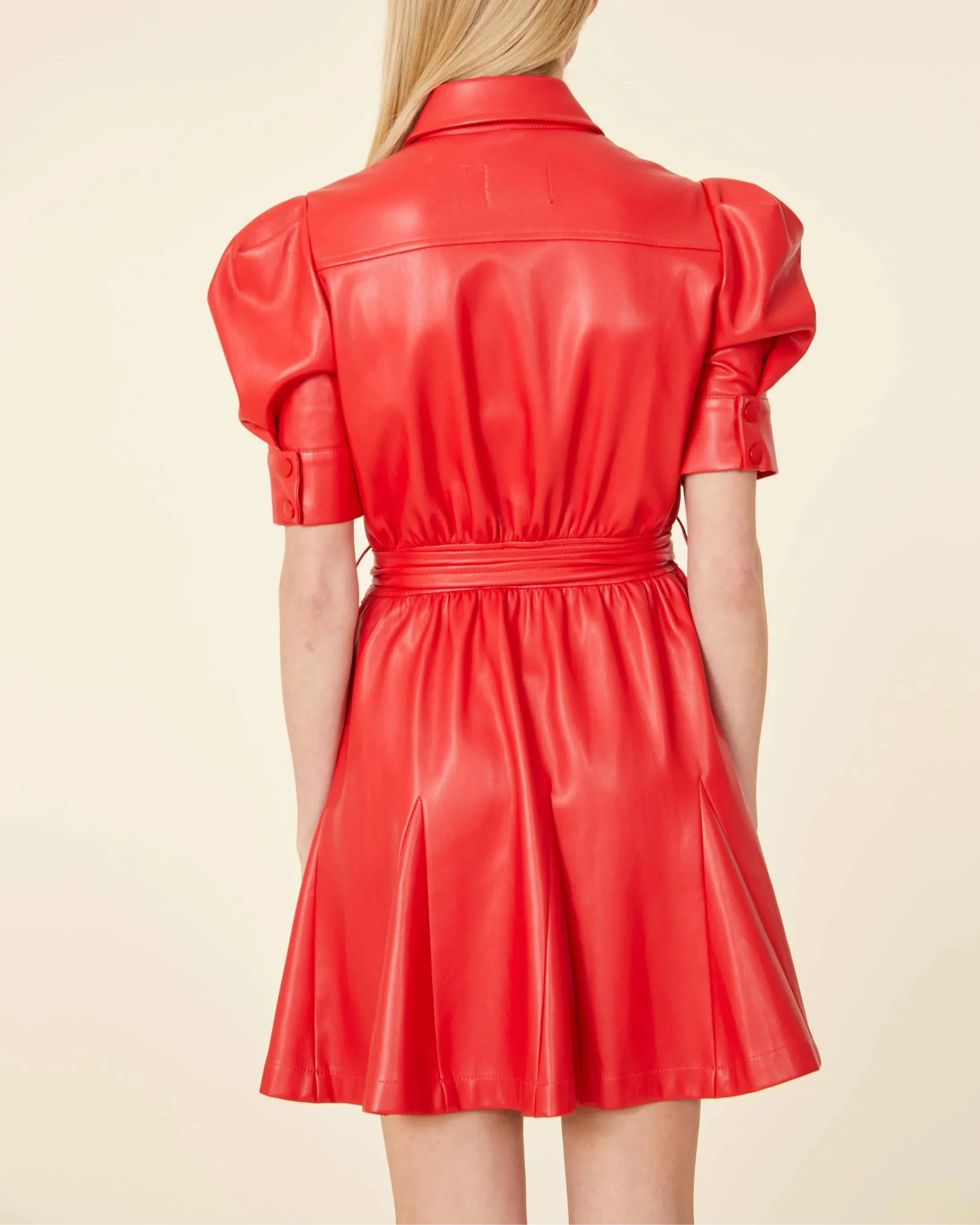 Vegan Leather Puff Sleeve Belted Skate Dress - Red