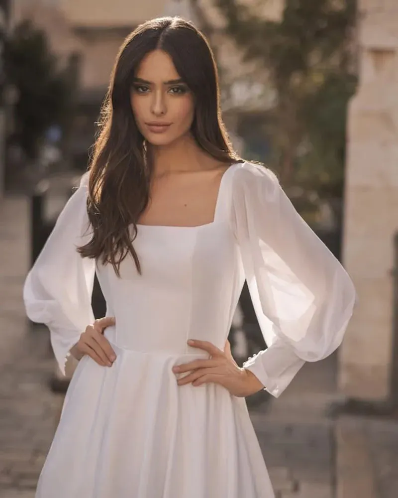 Wedding Guest Dresses: Wedding Dresses Long Chiffon Sleeve Beach Bride Dress