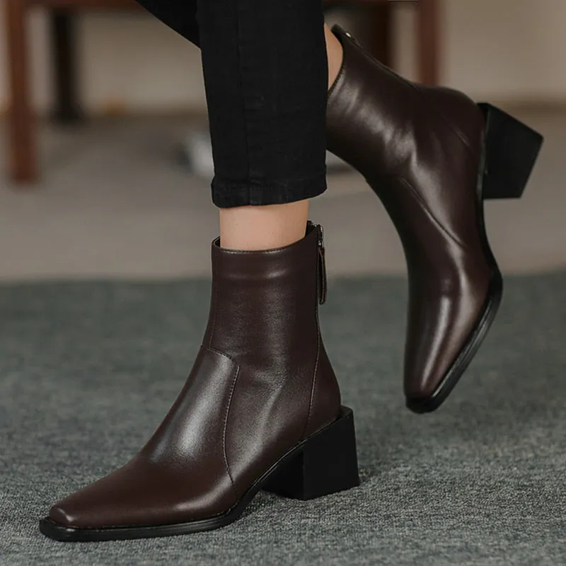 Women  Round Toe Square High Heel Motorcycle Boots