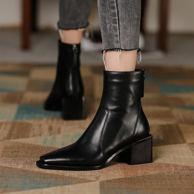 Women  Round Toe Square High Heel Motorcycle Boots