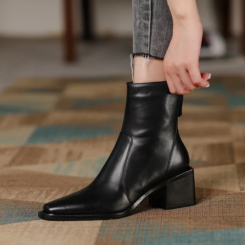 Women  Round Toe Square High Heel Motorcycle Boots