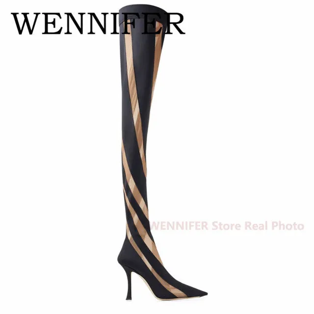 Women's Thigh High Mesh Stripe Boot..