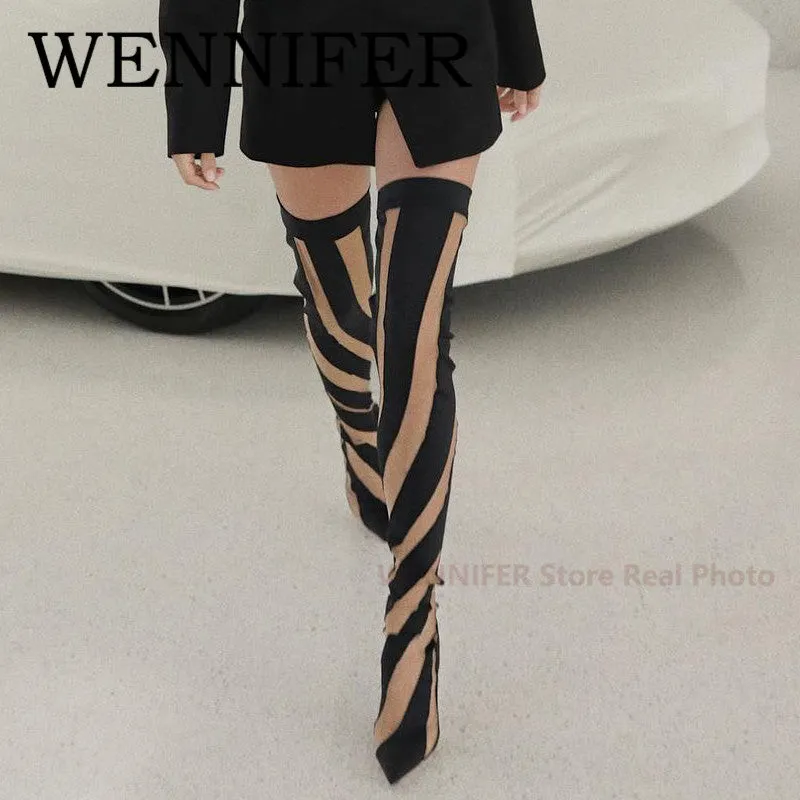 Women's Thigh High Mesh Stripe Boot..