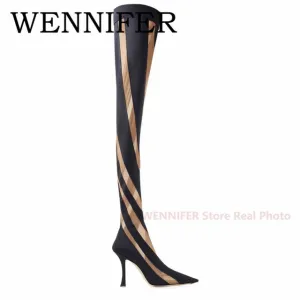 Women's Thigh High Mesh Stripe Boot..