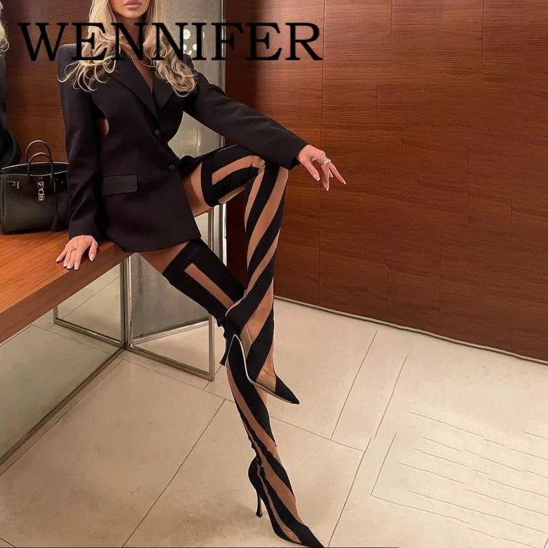 Women's Thigh High Mesh Stripe Boot..