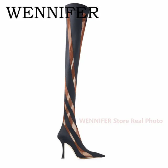 Women's Thigh High Mesh Stripe Boot..