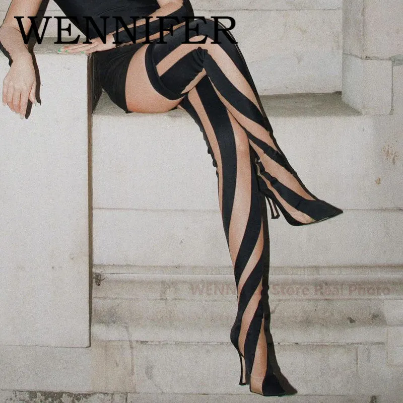 Women's Thigh High Mesh Stripe Boot..